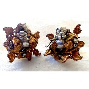 Miriam Haskell 1940s Earrings Faux Pearl Gold Tone Leaves Clip Screwback Signed